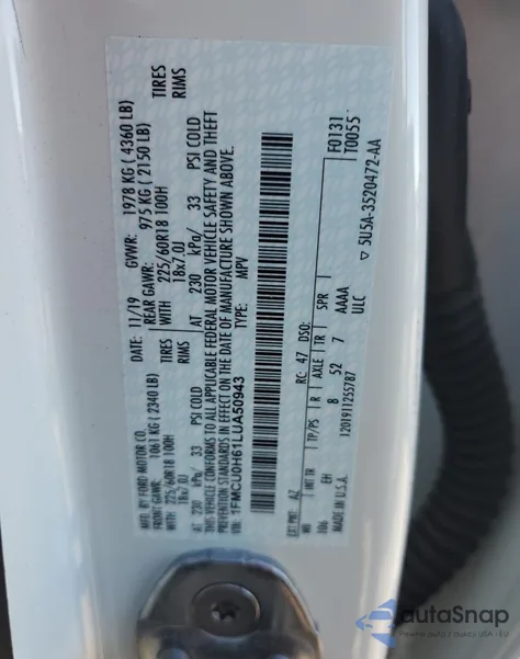 2020 Ford Escape Sel из США, поврежденный, VIN 1FMCU0H61LUA50943